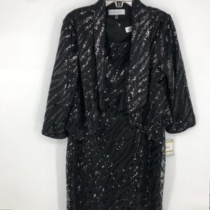 Kasper 2-Piece Black Sequin Dress with Jacket Suit Set Size 14 New w/Tags